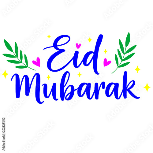 Eid Mubarak Greeting Graphic with Leaves and Hearts