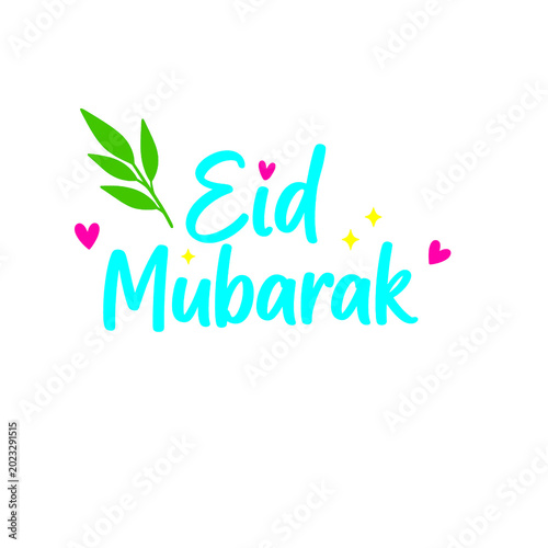 Eid Mubarak Greeting Graphic with Leaves and Hearts