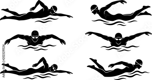 Billede på lærred Silhouette collection of swimmers performing freestyle and butterfly strokes wit