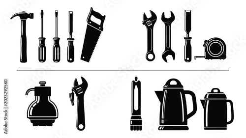 Collection of tools and household objects silhouette