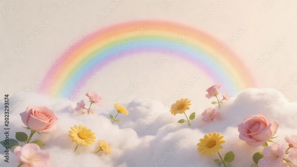 Fototapeta premium Rainbow in sky with flowers on clouds