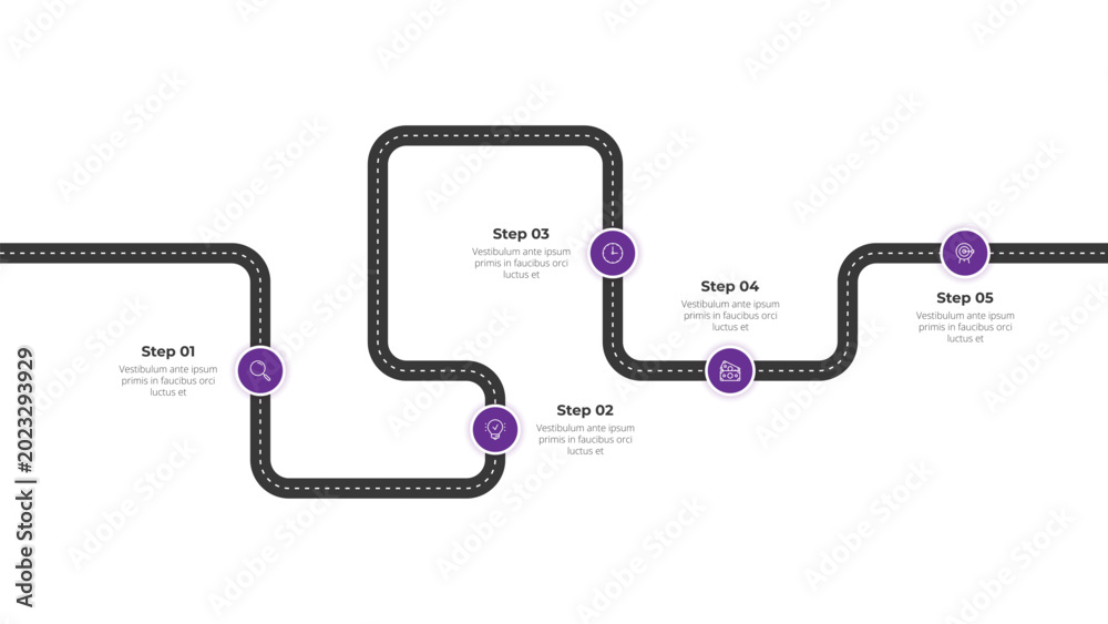 Obraz premium 5 Steps Business Roadmap Infographic Template with S Curve Path