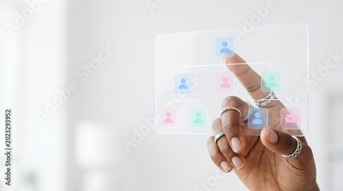 Diverse Hand Touching Digital Organizational Chart Interface