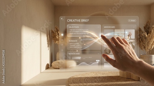 Hand Interacting With Transparent Digital Creative Brief Interface