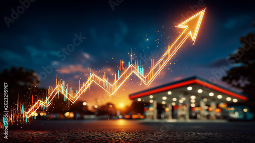 Rising Fuel Prices: An illuminated gas station stands under a dramatic evening sky as a glowing orange arrow, representing a surging stock market graph, soars upwards.