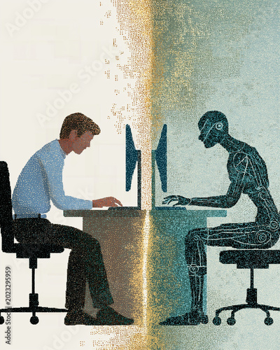 Human vs. AI Collaboration: A stylized illustration depicts a human worker and an AI robot side-by-side, both engrossed in work on their computers.