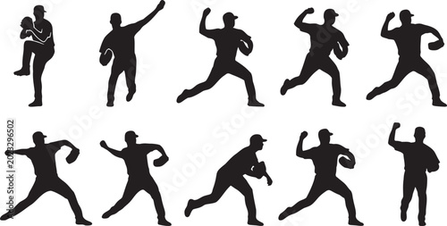 Картината върху платно Baseball Pitcher Poses Vector Silhouette Icon Set.