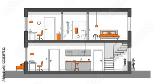 Foto Modern interior design cross-section of a multi-level home.
