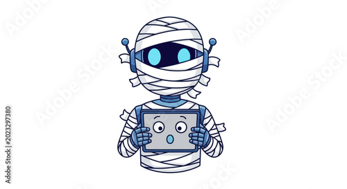 Quadro em tela Cute cartoon mummy robot holding a tablet with a surprised face on screen