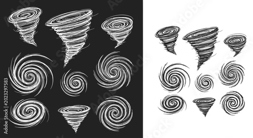 Obraz na płótnie Collection of hand-drawn tornado and cyclone illustrations.