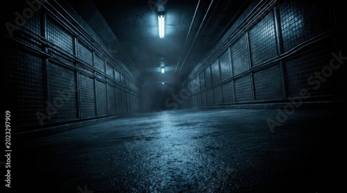 Dark industrial corridor with blue lighting and metallic mesh walls in an underground bunker.