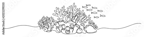 coral reef with fish line art illustration