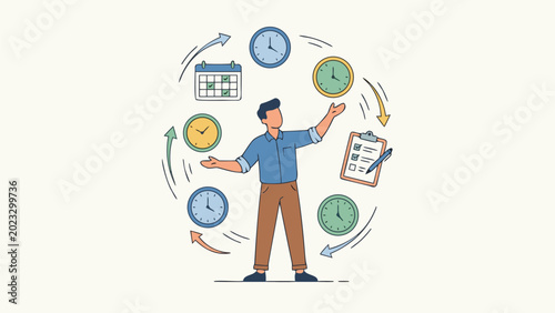 Time Management and Productivity Concept Illustration with a Man Juggling Clocks, Calendar, and Task List Representing Efficiency, Multitasking, and Organized Workflow for Business Success.