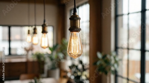 Modern interior design featuring warm edison bulb pendant lights in a cozy living room setting.