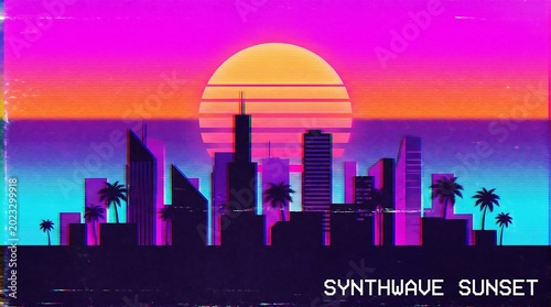 Retrowave Sunset City Skyline Retro Palm Trees Background