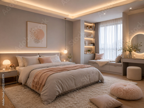 A dreamy minimalist bedroom with soft gray and pastel peach tones, fluffy rugs, simple decor, and warm indirect lighting for a relaxing mood