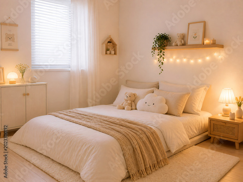A minimalist cute bedroom with soft white and beige tones, a cozy low-profile bed, warm ambient lighting