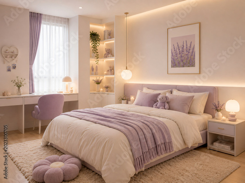 A pastel minimalist cozy room with lavender and ivory tones, simple furniture, warm glowing lights, and soft fabric textures for a charming atmos
