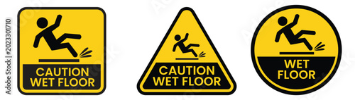 Valokuva caution wet floor icons slipping person symbols in yellow frames warning signs