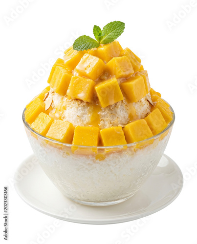 Mango bingsu with fresh mango cubes and mint