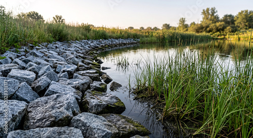 Retention pond riprap edge detail, stone armoring erosion control, sustainable stormwater pond, eco retention basin vegetation, climate adaptation water storage