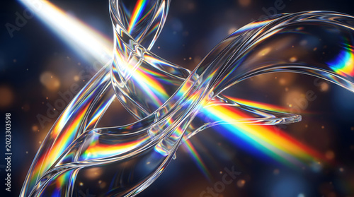 Abstract 3D render of glowing curved light trails on dark background