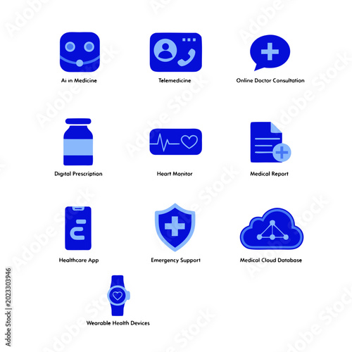 Artificial Intelligence and Big Data Analytics Blue Vector Icons Sheet