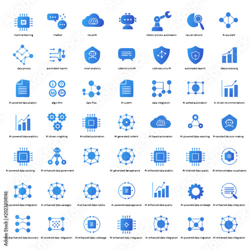 Artificial Intelligence and Big Data Icon Set – Blue Gradient Tech Icons for Machine Learning and Automation