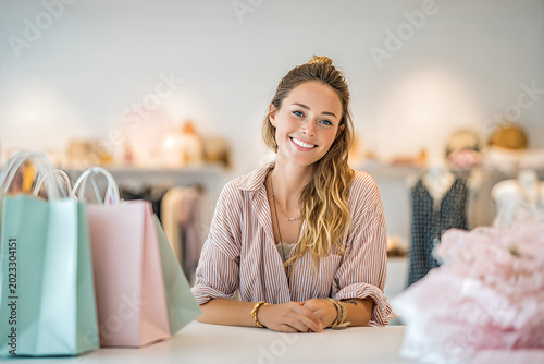 Smiling boutique sales associate in striped pink shirt with half - up wavy hair and freckles leaning on checkout counter beside pastel shopping bags