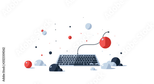 Keyboard with floating red cherry and spheres