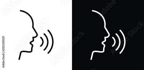 Bild auf Leinwand speaking face line drawing with sound waves black and white illustration