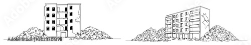 Fotografie abandoned buildings and rubble piles in line art style