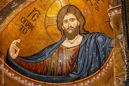 Canvastavla Christ Pantocrator in the apse, Santa Maria la Nuova Cathedral, Arab-Norman styl