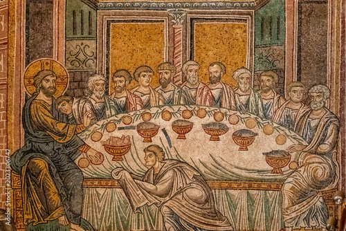 Εκτύπωση καμβά Jesus' Last Supper with the apostles, Santa Maria la Nuova Cathedral, Arab-Norma