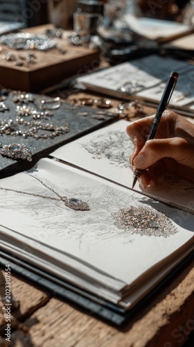 The designer’s hand sketches a piece of jewellery amidst the sparkle of gemstones — a backdrop to the art of jewellery-making, the creative process and the luxury of craftsmanship.