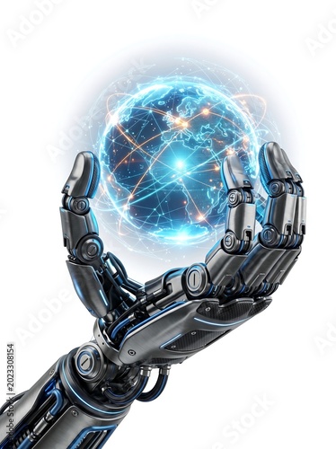 Robotic hand holding a glowing blue earth with network connections and lines around it globally