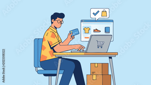 Flat vector illustration of a young man sitting at a desk using a laptop and holding a credit card for online shopping, e-commerce transaction concept with digital storefront and delivery boxes.
