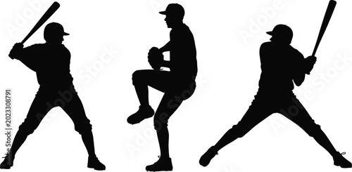 Fotografie Baseball player silhouettes vector illustration, batting and pitching poses isol