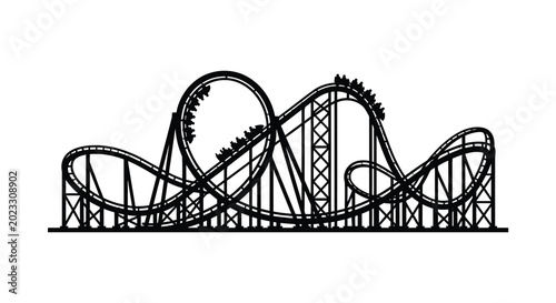Quadro su tela Silhouette of a complex roller coaster with multiple loops and riders on a white