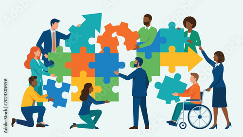 Diverse Business Team Collaborating to Assemble a Giant Jigsaw Puzzle with Gear and Arrow Shapes, Symbolizing Teamwork, Inclusion, Strategic Problem Solving, and Corporate Synergy for Success.