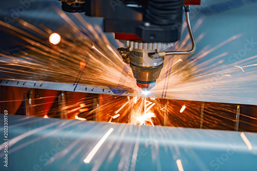 Industrial CNC laser cutting machine with flying sparks in metal fabrication.