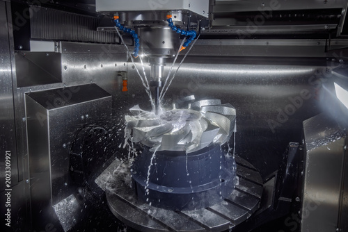 CNC milling machine machining metal turbine part with coolant spray.