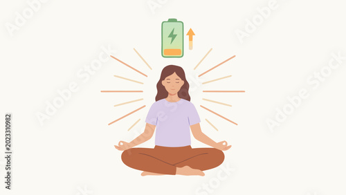Woman Meditating in Lotus Pose with a Battery Charging Icon Above Her Head, Representing Mental Energy Recharge, Wellness, Mindfulness, and Vitality Concept in a Flat Vector Illustration Style.