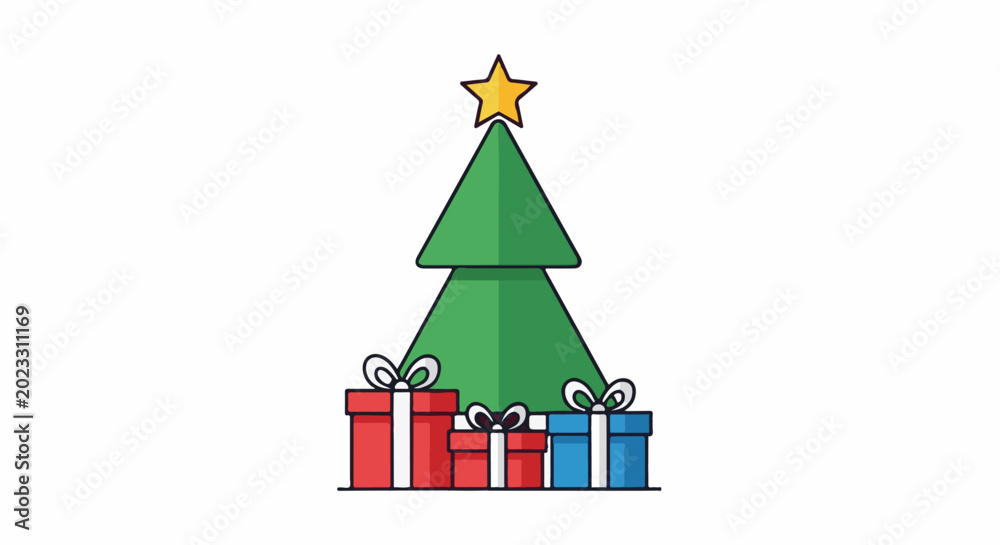 Naklejka premium A festive green Christmas tree adorned with a golden star and gifts below