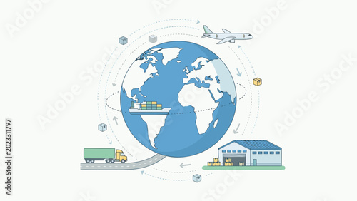 Global logistics and worldwide shipping concept illustration featuring a cargo ship, airplane, delivery truck, and warehouse connected by dotted lines around a globe for international trade.
