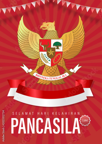 Pancasila Day Poster with Golden Garuda Emblem and Radiant Red National Background