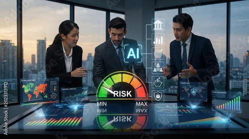 Financial analysts assessing business risk using visual AI, analyzing data for finance.