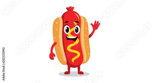 Foto Happy Cartoon Hot Dog Waving Hello with Mustard