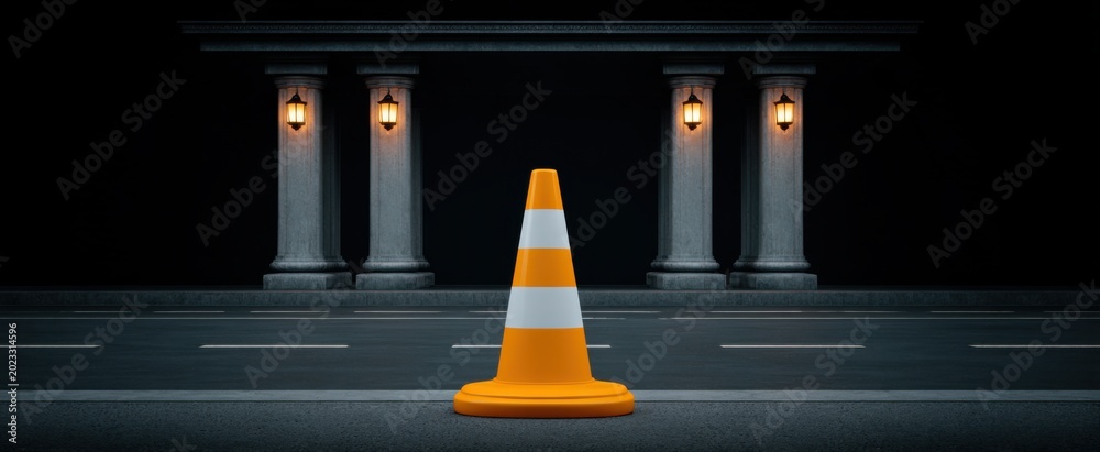 Fototapeta premium Vibrant Urban Bridge Building Area featuring sturdy Concrete Columns and bright Traffic Cones