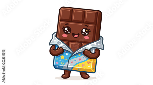 Cute cartoon chocolate bar character with happy expression.
